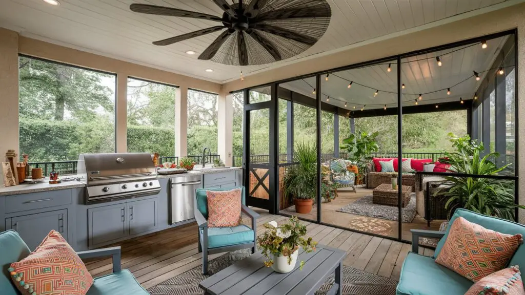 A delightful image of a well-designed outdoor kitchen, complete with a screened-in porch attached. The space is filled with a grill, cabinets, and a countertop, surrounded by comfortable seating with colorful cushions. A large ceiling fan spins overhead, creating a refreshing breeze. The screened-in porch, filled with potted plants and string lights, invites relaxation and conversation, offering a cozy escape from the natural elements.