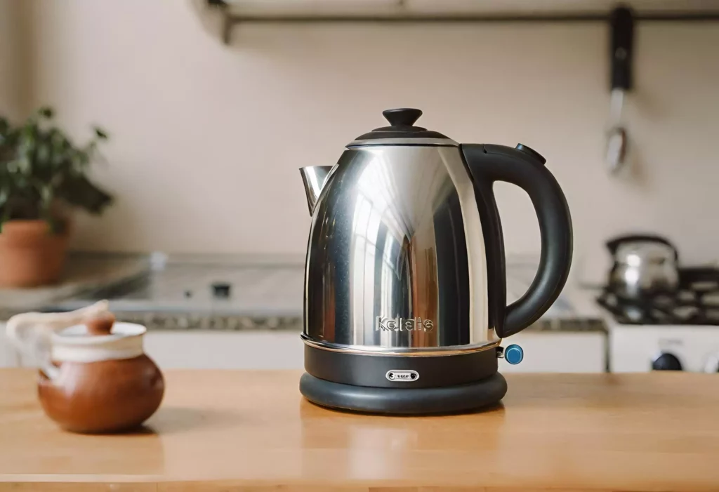a clean electric kettle placed on a kitchen table after cleaning