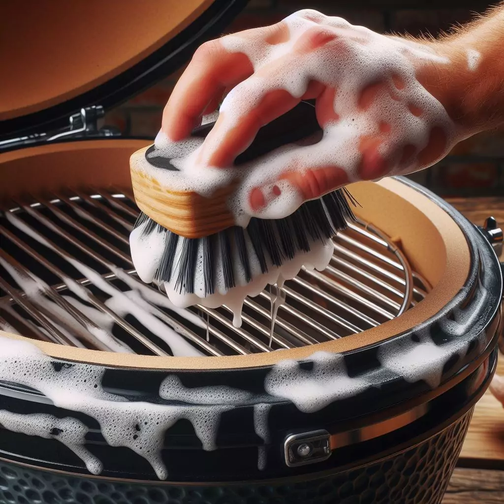 "Using a soft-bristle brush to clean the outside surfaces of the Kamado grill show soapy water spilled on the outside surface of the grill. not inside"