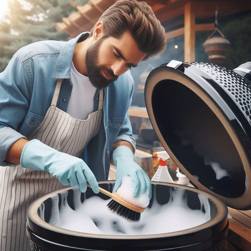 "Scrubbing the interior surfaces of the Kamado grill with a soapy brush."