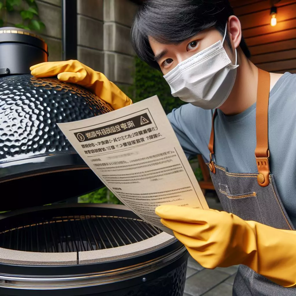 "A person wearing gloves and reading safety instructions before cleaning a dirty Kamado grill."