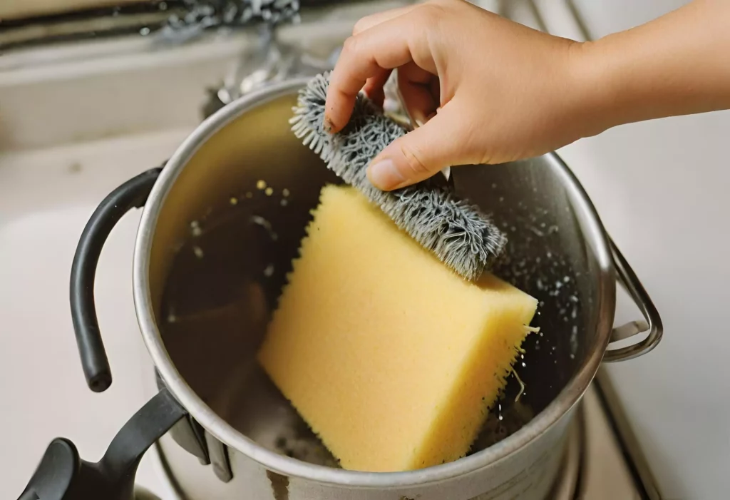 a hand scrubbing a kettle with a soft sponge and a soft brush