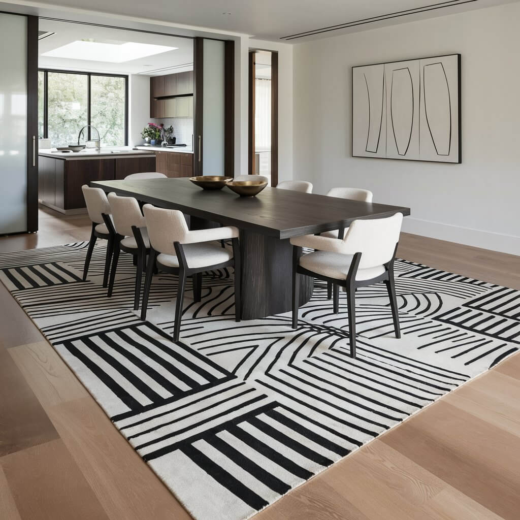 A graphic print rug in a dining room can add a striking visual element and anchor the space effectively. Here’s an image description: A spacious, modern dining room features a striking graphic print rug as its centerpiece. The rug, rectangular in shape, showcases an intricate black and white geometric pattern with bold lines and abstract shapes. It covers a large area, extending well beyond the edges of the dining table, ensuring the chairs remain on the rug even when pulled out. The dining table, made of sleek, dark wood, contrasts beautifully against the monochromatic rug. Surrounding the table are six contemporary chairs, each upholstered in a soft, neutral fabric that complements the rug's design without overpowering it. The room is well-lit, with natural light streaming in through large windows, highlighting the crisp lines of the rug's pattern. On the far wall, minimalist artwork in coordinating tones ties the room's color palette together. A modern chandelier hangs above the table, casting a warm glow that enhances the cozy yet sophisticated ambiance. Potted plants in the corners add a touch of greenery, their organic shapes softening the room’s angular aesthetics. The overall effect is a harmonious blend of bold design and elegant simplicity, making the graphic print rug a standout feature in this stylish dining room.