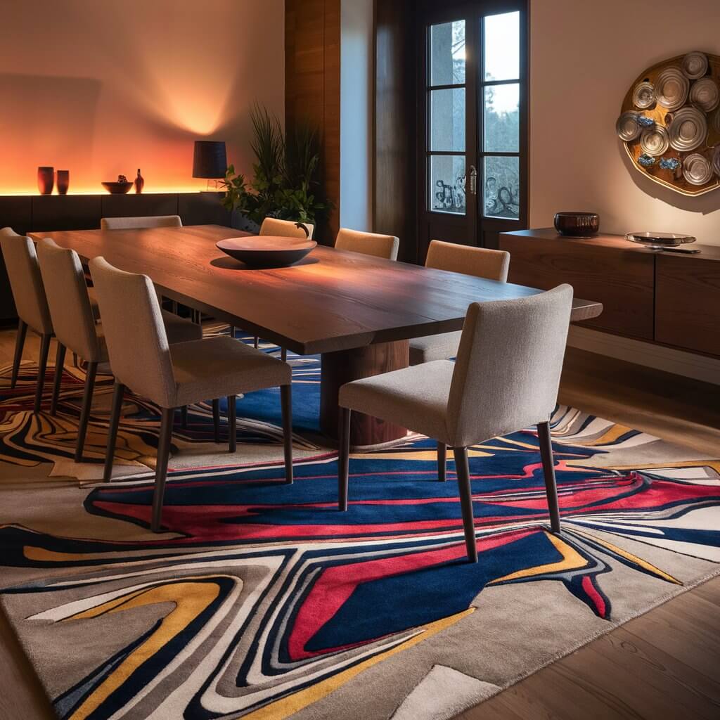 A cozy dining room is illuminated by warm, ambient lighting. The focal point of the room is a large, rectangular table made of rich, dark wood, surrounded by sleek, modern chairs upholstered in a neutral fabric. A striking abstract art rug lies beneath the table, its bold colors and dynamic patterns adding a creative and vibrant touch to the space. The rug's design features an array of geometric shapes and swirling lines in hues of blue, red, yellow, and white, contrasting beautifully with the room's otherwise minimalist decor. On one side of the room, a contemporary sideboard showcases a few carefully chosen decorative items, while a large window on the opposite wall allows natural light to stream in, highlighting the artistic elements of the rug. The overall atmosphere is both inviting and stylish, blending modern elegance with a splash of artistic flair.