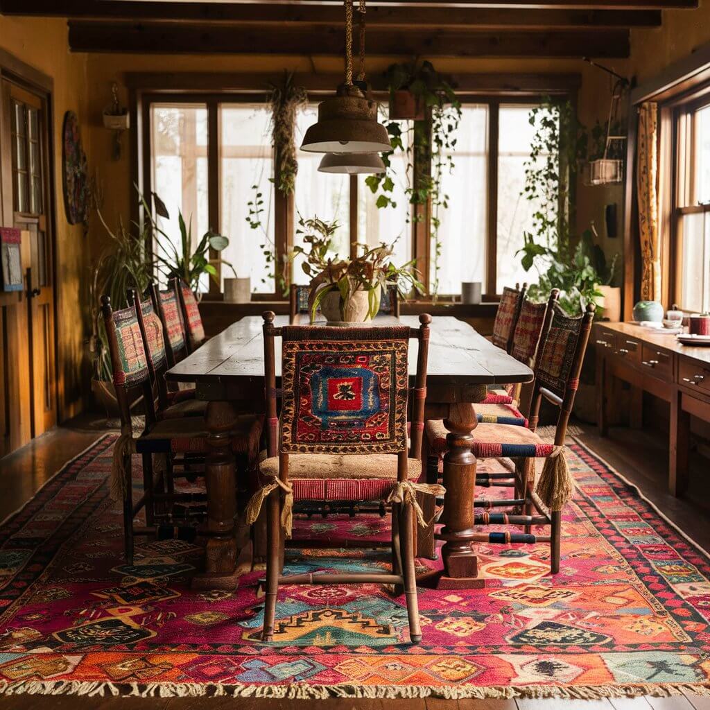 A warm and inviting dining room, exuding a bohemian charm. The centerpiece is a vibrant and colorful rug, adding an energetic burst of color to the space. The wooden dining table, adorned with intricately designed chairs, invites guests to gather and share laughter. Natural light cascades through the large windows, creating a soft glow that enhances the room's cozy ambiance. The walls are adorned with eclectic artwork and plants, adding to the charming atmosphere.