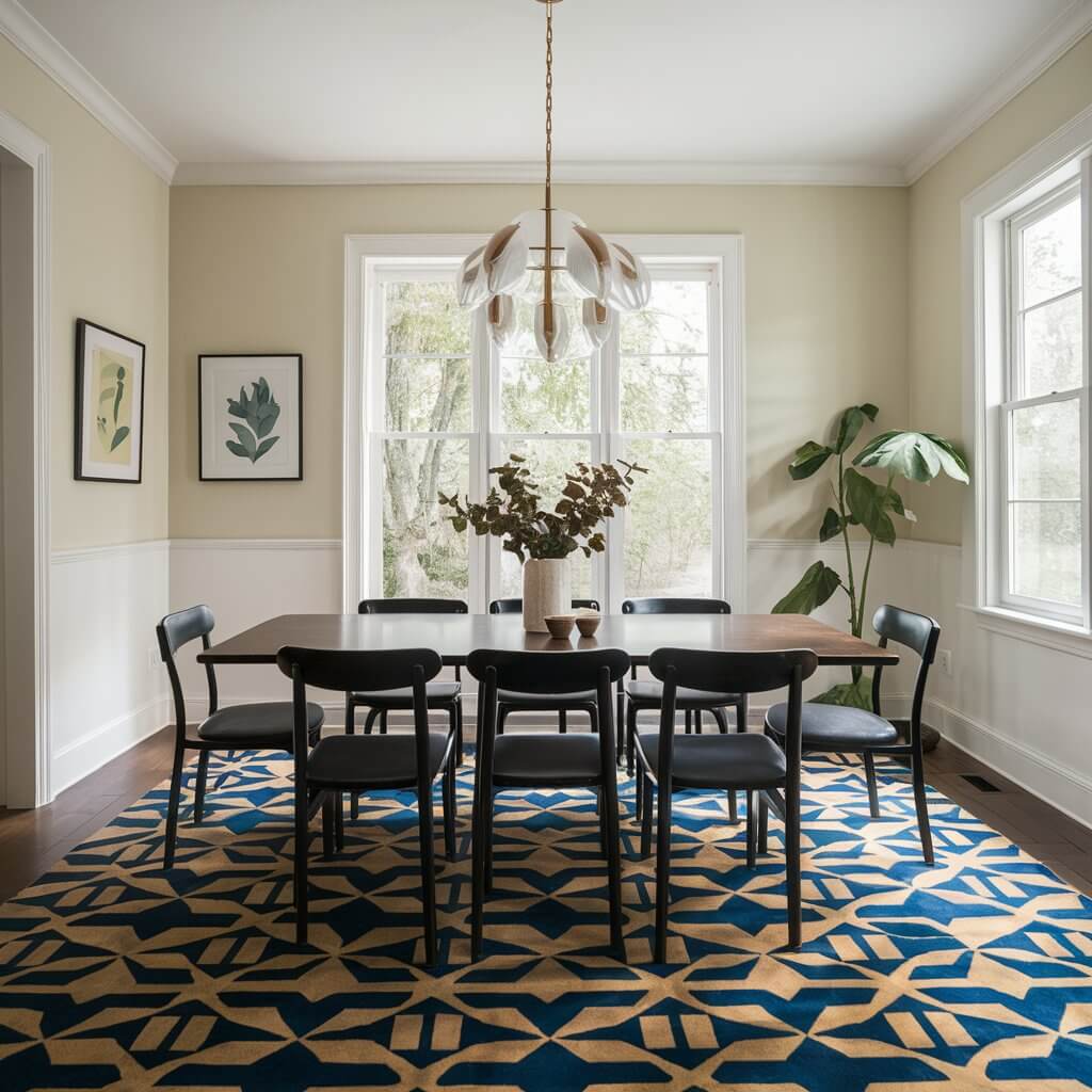 Bold Patterns: A dining room with a bold geometric or floral patterned rug making a strong visual impact.