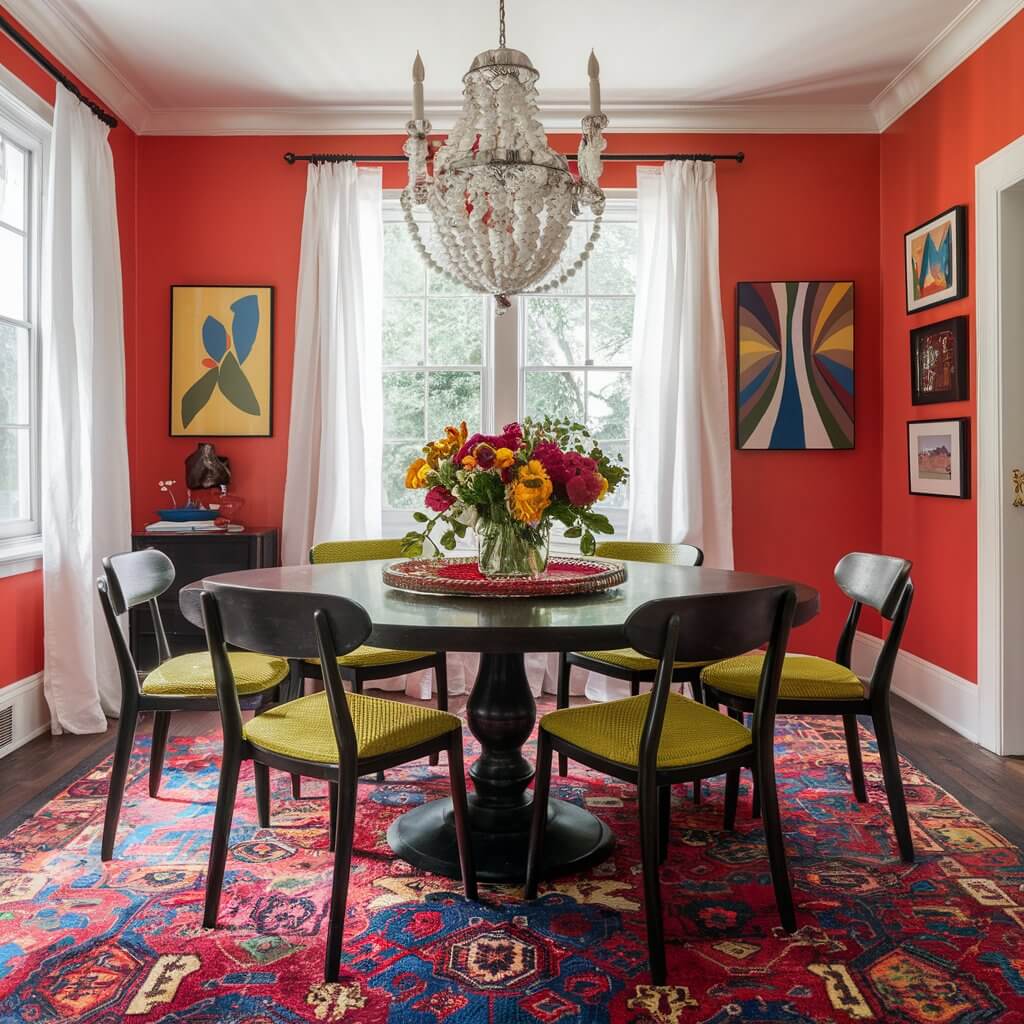 Bright Colors: A vibrant dining room with a colorful rug adding energy.