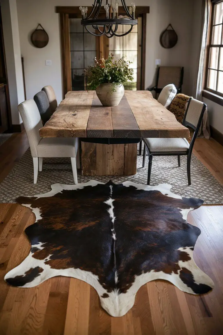 In the image, a rustic chic dining room is tastefully decorated, blending natural elements with modern touches. The centerpiece is a large, organically shaped cowhide rug, featuring a unique pattern of black, brown, and white patches, laid over a polished hardwood floor. The rich tones of the rug complement the natural wood grain of the floor, adding warmth and texture to the space.

Above the rug, a sturdy wooden dining table, crafted from reclaimed wood, stands prominently. The table's surface shows a mix of weathered textures and smooth finishes, highlighting its artisanal craftsmanship. Surrounding the table are mismatched chairs, each with its own distinct character—some are upholstered in neutral fabrics, while others are bare wood with a slightly distressed finish.

The room is softly lit by a wrought-iron chandelier hanging overhead, with Edison bulbs casting a warm, inviting glow. To one side, a large window lets in ample natural light, filtered through sheer linen curtains that sway gently with the breeze. The window frames a view of a serene outdoor landscape, adding to the room's airy feel.

On the table, a simple yet elegant centerpiece—a vase filled with fresh wildflowers—adds a touch of color and life. The walls are adorned with a mix of vintage and contemporary artwork, including a large canvas painting of a pastoral scene and a collection of framed botanical prints.

In one corner, a rustic wooden cabinet showcases a selection of ceramics and glassware, each piece carefully chosen to reflect the room's earthy aesthetic. A woven basket on the floor holds extra blankets and pillows, inviting guests to make themselves comfortable.

Overall, the image captures a harmonious blend of rustic charm and chic sophistication, with the cowhide rug serving as a focal point that ties the entire room together.