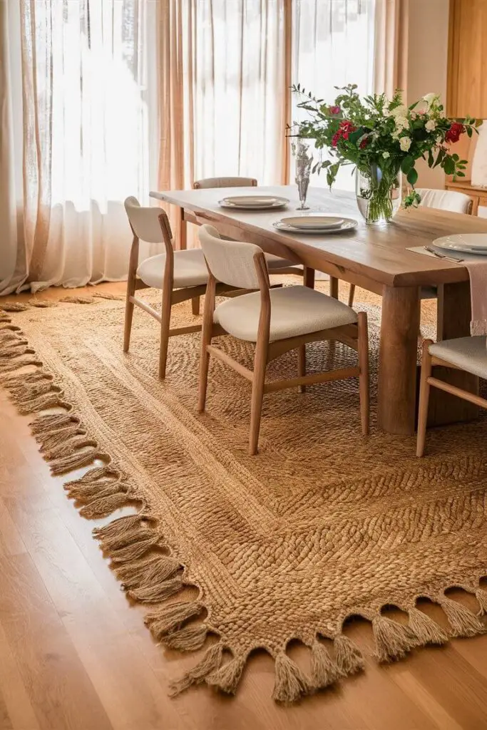 The dining room radiates natural elegance with a large, rectangular sisal or jute rug as its centerpiece. The rug's earthy, woven texture adds warmth and an organic touch to the room, complementing the hardwood floors beneath. A wooden dining table sits atop the rug, surrounded by chairs with light-colored upholstery that contrasts gently with the rug's natural fibers. The table is set with simple, elegant tableware, and a vase of fresh flowers adds a pop of color. Soft, natural light filters through sheer curtains, highlighting the rug's intricate weave and enhancing the room's cozy, inviting atmosphere. The overall aesthetic is one of understated sophistication, where natural materials and neutral tones create a harmonious and serene dining space.