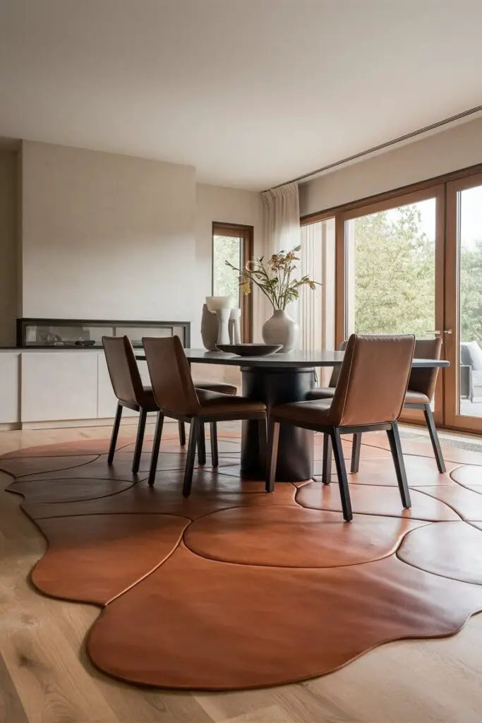 A contemporary dining room features a sleek leather rug, enhancing the space with a touch of luxury. The rug's rich, smooth texture complements the room's minimalist aesthetic, providing a warm contrast to the clean lines of the modern furniture. A stylish dining table, paired with chic chairs, sits atop the rug, creating an inviting focal point. Natural light pours in through large windows, illuminating the room and highlighting the rug's sophisticated appeal. Neutral walls and subtle decor elements complete the look, making the leather rug a standout piece in this elegantly modern setting.