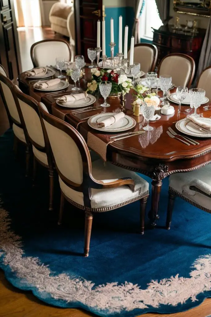 In the image, there is a plush dining room that exudes elegance and warmth. The centerpiece of the room is a sumptuous velvet rug, which immediately draws the eye. The rug is a deep, rich color, perhaps a royal blue or a burgundy, with a soft, luxurious texture that seems to invite touch. It covers most of the polished hardwood floor, adding a layer of comfort and sophistication to the space. Above the rug sits a grand dining table, made of dark, polished wood with intricate carvings along its edges. The table is set for a meal, with fine china plates, crystal glasses, and gleaming silverware arranged meticulously. Each place setting is complemented by linen napkins, perhaps folded into elegant shapes, and there might be a centerpiece—perhaps a floral arrangement or a candelabra—adding a touch of charm and grace. The chairs surrounding the table are upholstered in a fabric that complements the rug, perhaps in a matching or harmonizing color, with plush cushions that suggest comfort and style. The high backs of the chairs are also adorned with subtle details that speak to the overall luxury of the room. The walls of the dining room are painted in a warm, neutral shade, allowing the vibrant colors of the rug and the dining set to stand out. On the walls, there might be framed artwork or mirrors, adding to the room's decor without overwhelming it. The lighting is soft and inviting, possibly provided by a chandelier hanging above the table, casting a gentle glow that highlights the rich textures and colors of the room. Large windows allow natural light to stream in, with heavy drapes or velvet curtains that can be drawn for a more intimate atmosphere. The overall ambiance of the dining room is one of refined elegance and welcoming comfort, with the velvet rug serving as a key element that ties all the details together into a harmonious and luxurious whole.