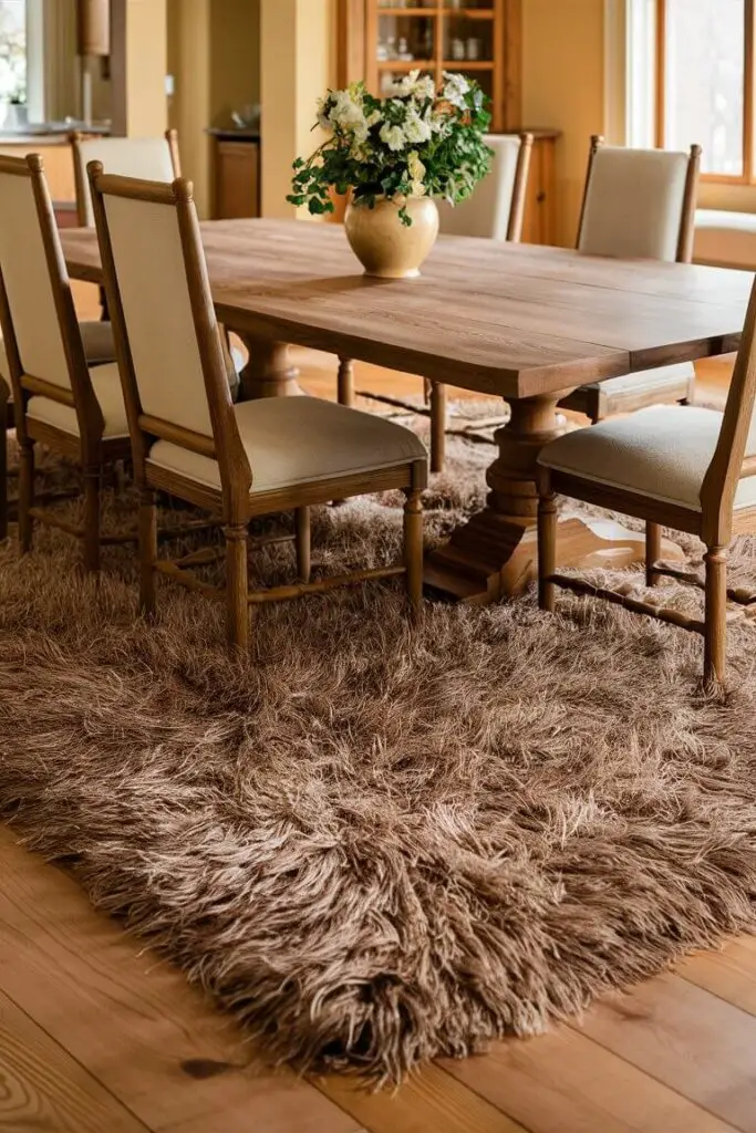 The dining room is warm and inviting, exuding a sense of coziness and comfort. The focal point of the room is a large, plush high pile rug that covers most of the wooden floor. The rug is a rich, deep beige color, adding a touch of elegance and softness to the space. Its thick fibers look incredibly soft and luxurious, perfect for sinking your feet into. At the center of the rug stands a sturdy wooden dining table with a natural finish, showcasing the beautiful grain of the wood. The table is rectangular, large enough to seat six people comfortably. Around the table are six matching chairs, each with a high back and cushioned seats upholstered in a soft, neutral fabric that complements the rug. The chair legs are also wooden, matching the table, and their design is simple yet elegant, contributing to the overall harmony of the room. On the table, there is a stylish centerpiece: a vase filled with fresh flowers, adding a pop of color and a touch of nature to the setting. The flowers are a mix of vibrant hues—bright yellow, soft pink, and deep red—arranged in a loose, natural style. Beside the vase, there are neatly arranged place settings, including white ceramic plates, polished silverware, and crystal glasses that catch the light beautifully. Linen napkins, folded elegantly, are placed beside each plate. The dining room is well-lit by a combination of natural and artificial light. Large windows on one side of the room allow sunlight to flood in, illuminating the space and highlighting the textures of the rug and the wood. The windows are framed with light, sheer curtains that softly diffuse the light. Above the dining table hangs a chic chandelier with multiple bulbs, each enclosed in a frosted glass shade, casting a warm, inviting glow over the table. The walls of the dining room are painted in a soft, warm color, perhaps a light taupe or cream, creating a neutral backdrop that enhances the cozy atmosphere. A few pieces of artwork adorn the walls, adding personality and charm to the space. One painting depi