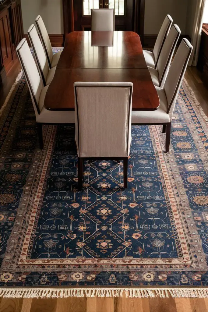 The dining room in the image is an elegantly designed space, exuding warmth and sophistication. At the center, there is a long wooden dining table, richly polished to a glossy finish, surrounded by six upholstered chairs. Each chair features a sleek design with high backs, covered in a neutral fabric that complements the room's color scheme.

The highlight of the room is the runner rug, which lies perfectly aligned with the table, creating a stylish pathway. The rug is a striking piece, extending the length of the table and beyond, drawing the eye along its beautiful pattern. It features an intricate design, with geometric shapes and floral motifs in a harmonious blend of colors, including deep blues, soft grays, and hints of gold. The edges of the rug are finished with a subtle fringe, adding a touch of elegance.

The flooring beneath the rug is a dark hardwood, which contrasts nicely with the lighter tones of the rug and the dining table. On the walls, there are framed artworks that add character to the space, each piece carefully chosen to enhance the overall aesthetic. A large, modern chandelier hangs above the dining table, casting a warm, inviting glow over the room.

In one corner of the dining room, there's a sideboard made of the same wood as the dining table, adorned with decorative items such as a vase with fresh flowers, a couple of framed photographs, and a stylish lamp. The windows are dressed with light, sheer curtains that allow natural light to filter in, making the room feel airy and bright.

Overall, the dining room is a perfect blend of classic and contemporary design elements, with the runner rug serving as a key feature that ties the entire look together, offering both functionality and visual appeal.