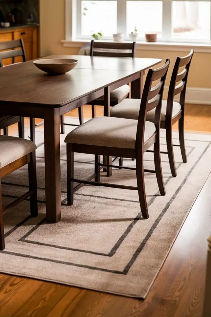 In the image of the practical dining room featuring a low pile rug, the room exudes a blend of functionality and comfort. The focal point is a rectangular dining table, crafted from a rich, dark wood, which sits in the center of the room. Around the table, there are six chairs, each with cushioned seats upholstered in a neutral fabric, enhancing the room's inviting atmosphere. The low pile rug beneath the table is a subtle but essential detail. It is rectangular, matching the table's shape, and features a simple, modern pattern in shades of beige and gray. The rug’s low pile ensures easy maintenance and creates a smooth, even surface, ideal for a dining area where spills might occur. The floor of the dining room is made of polished hardwood, complementing the darker tones of the dining table. Natural light floods the space through a large window on one side of the room, framed by sheer white curtains that allow sunlight to filter in softly. On the opposite wall, there is a sideboard or buffet table, also made of dark wood, matching the dining table. It is decorated with a few carefully selected items: a ceramic vase with fresh flowers, a couple of framed family photographs, and a stylish table lamp with a beige shade, adding warmth to the room. The walls are painted in a light, neutral color, perhaps a soft gray or off-white, creating a calming backdrop that makes the space feel open and airy. A piece of modern artwork hangs on one wall, its abstract design featuring colors that echo the hues of the rug and furnishings. Overall, the dining room is a harmonious blend of practical elements and stylish details, with the low pile rug serving as a functional and aesthetic foundation for the entire space.