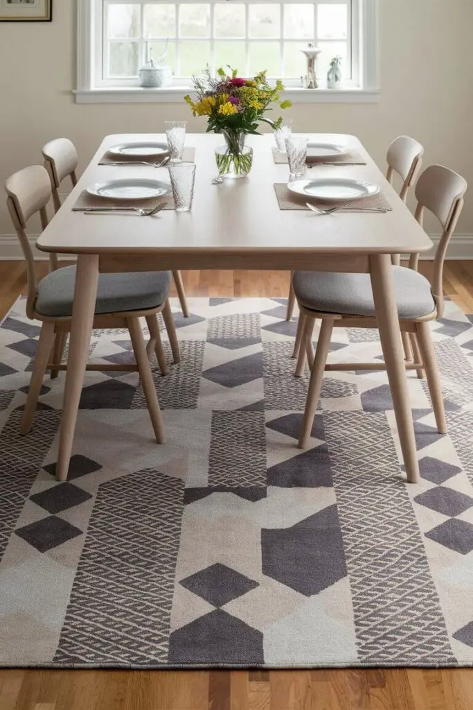 Certainly! Here’s a detailed description of an image featuring a versatile and budget-friendly dining room with a synthetic rug:

The image showcases a stylish and practical dining room, emphasizing affordability and versatility. At the center of the room lies a large synthetic rug, its pattern a mix of geometric shapes in muted tones of grey, beige, and white, providing a neutral yet contemporary foundation for the space.

Above the rug stands a rectangular dining table made of light wood, its smooth surface reflecting natural light that filters in through a nearby window. The table is set with simple yet elegant tableware: white plates, clear glassware, and silver cutlery. In the center of the table, a small vase holds a bouquet of fresh, vibrant flowers, adding a pop of color to the otherwise neutral palette.

Surrounding the table are four chairs, their design a blend of modern and classic elements. The chairs have wooden frames that match the table, and their seats and backs are upholstered in a soft, light grey fabric, ensuring comfort and style.

The walls of the dining room are painted in a warm, off-white shade, enhancing the natural light and creating an inviting atmosphere. One wall features a large window dressed with sheer, white curtains that gently diffuse the sunlight. Adjacent to the window, a piece of minimalist artwork hangs on the wall, its abstract design incorporating the same color scheme as the rug.

On one side of the room, a sideboard in matching light wood stands against the wall. It holds a few decorative items: a pair of ceramic vases in varying sizes, a small stack of books, and a framed photograph, all contributing to the room’s cozy and personalized feel.

The flooring beneath the rug is a polished hardwood in a medium oak finish, adding warmth and continuity to the overall look. The combination of the synthetic rug and wooden elements creates a harmonious balance between functionality and aesthetic appeal, making the dining room an ideal space for both everyday meals and special gatherings.

Overall, the image captures a well-coordinated dining room that marries budget-friendly choices with stylish design, centered around the versatile synthetic rug that ties all the elements together.