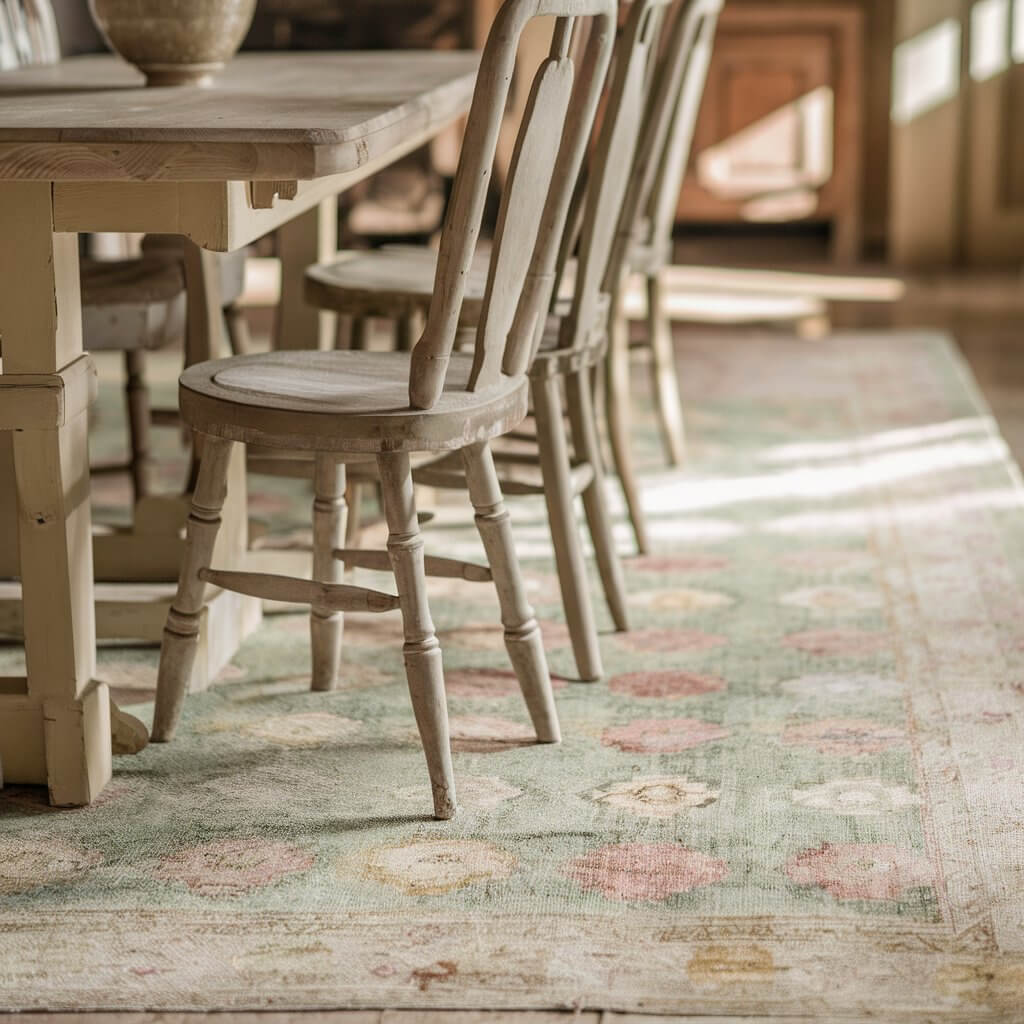 A cozy and inviting dining room, captured in a close-up shot focusing on a rustic wooden table and chairs. The centerpiece is a faded, distressed rug with a captivating vintage charm. The rug features a beautiful pattern of geometric shapes in soft pastel colors, with subtle hints of gold and silver threads. The background reveals a warm and welcoming atmosphere, with sunlight streaming through a nearby window, casting soft shadows and highlighting the rug's intricate details.