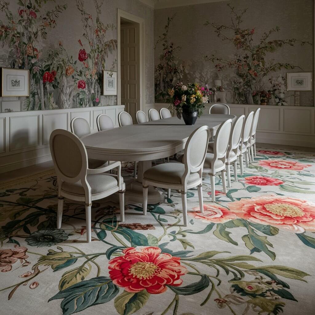 A stunning dining room with an exquisite floral patterned rug that gracefully adorns the floor. The rug, featuring intricate designs of vibrant flowers and leaves, adds an air of elegance and sophistication. The walls are adorned with subtle, neutral-toned wallpaper and framed artwork. A long, finely crafted wooden dining table sits in the center, surrounded by elegant chairs with upholstered seats. The atmosphere is one of refined elegance, with a touch of natural beauty infused through the floral pattern.