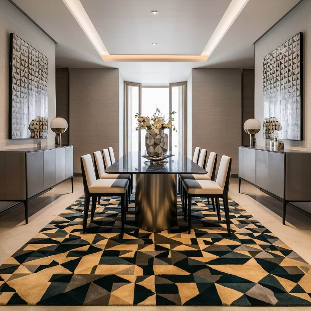 A stunningly designed modern dining room with sleek, minimalist furniture and a centerpiece: a geometric patterned rug that adds an element of sophistication and style. The rug features a mesmerizing interplay of shapes and colors, drawing the eye and adding depth to the room. The walls are adorned with contemporary artwork, and a large window allows natural light to flood in, highlighting the clean lines and perfect symmetry of the space.