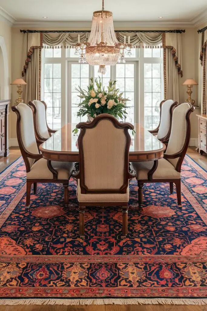 In the image, a luxurious dining room exudes elegance and sophistication. At the center, a grand wooden dining table with a polished surface is surrounded by plush, high-backed chairs upholstered in rich fabric. The table is adorned with an exquisite centerpiece, perhaps a vase of fresh flowers or a collection of fine china. Underneath, the focal point of the room is a magnificent hand-knotted rug. The rug features intricate patterns and vibrant colors, showcasing the craftsmanship and artistry involved in its creation. The rich textures and detailed designs add warmth and depth to the room, harmoniously tying together the various elements of the decor. The dining room is bathed in natural light streaming through large windows, accentuating the beauty of the rug and the overall ambiance of the space. Elegant draperies frame the windows, while a stunning chandelier hangs above the table, casting a soft, inviting glow. The walls are adorned with tasteful artwork and decorative accents that complement the luxurious theme. The combination of fine furnishings, artistic details, and the exquisite hand-knotted rug creates an atmosphere of refined elegance and timeless beauty.