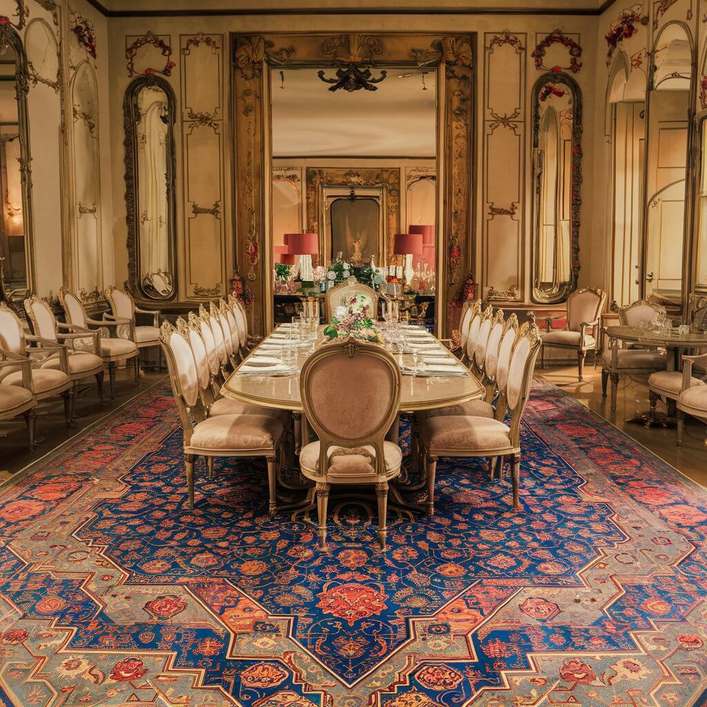 A stunning, spacious dining room filled with exquisite furniture and adorned with a grand, intricately patterned rug. The rug features vibrant shades of blue, red, and gold, and its elaborate design draws the eye towards the centerpiece - a large, elegant dining table surrounded by plush chairs. The walls are adorned with beautiful, ornate molding and frames, while the room itself is bathed in warm, golden light.