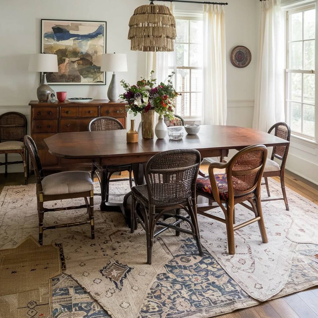 Layered Rugs: An elegant dining room with multiple rugs of different textures and colors layered under the dining table.