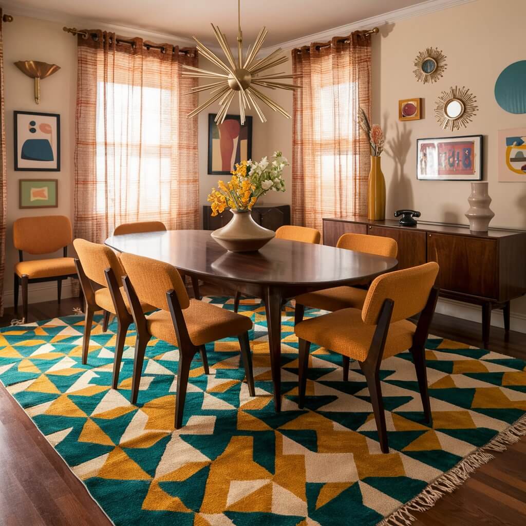 A stunning dining room that captures the essence of retro and mid-century modern styles, with a magnificent mid-century modern rug at its center. The rug, featuring a geometric pattern in teal, mustard, and cream tones, brings sophistication and nostalgia to the space. The vintage dining table, crafted from dark, polished wood, and upholstered chairs in contrasting orange fabric, create a delightful contrast with the rug. Retro artwork, including abstract prints and sunburst mirrors, adorn the walls, enhancing the mid-century modern aesthetic. A sleek sideboard against one wall holds ceramic vases and a classic rotary phone, adding to the room's charm. Warm, natural light filters through sheer curtains, bathing the space in an inviting glow. The starburst chandelier hanging above the dining table casts a