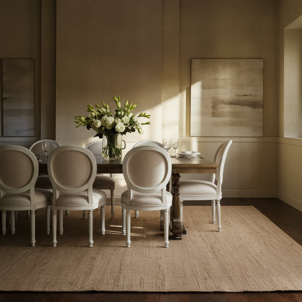 A beautifully composed photograph of a serene dining room with neutral tones. The beige or gray area rug, the focal point of the room, provides a versatile and calm backdrop. The dining table is set with elegant white chairs and a polished wooden table, with a vase of fresh white flowers as a centerpiece. The walls are adorned with simple yet tasteful artwork, creating an atmosphere of tranquility and sophistication. The soft, diffused sunlight filters through the windows, casting a warm glow over the entire scene.