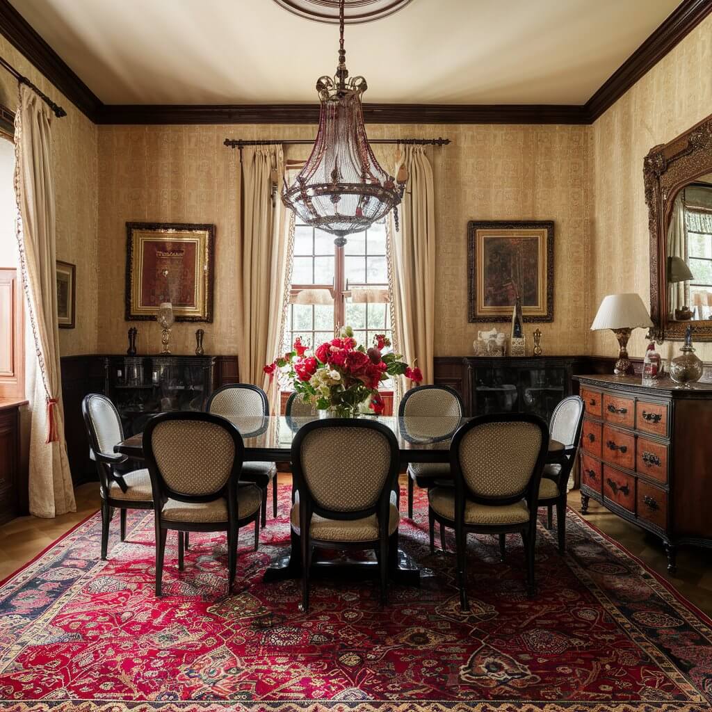 Persian/Oriental Rugs: A classic dining room with a traditional Persian rug.