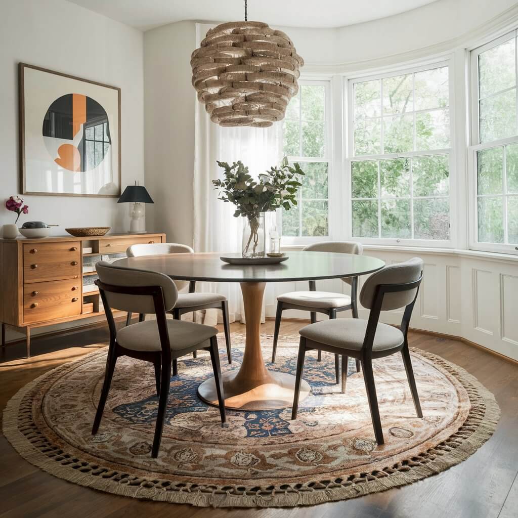 Round Rugs: A bright dining room with a round table on a circular rug, creating symmetry.