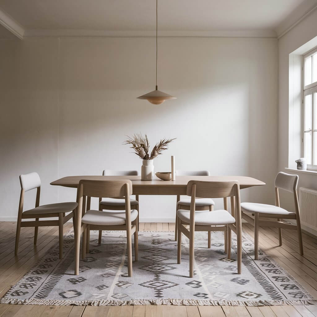 "In a serene Scandinavian dining room, simplicity reigns supreme. The focal point is a sleek wooden dining table surrounded by four chairs with clean lines and light, neutral upholstery. Above, a minimalist pendant light hangs, casting a warm glow on the scene. The floor is adorned with a traditional Scandinavian rug, featuring geometric patterns in muted tones of gray and white. Large windows allow natural light to flood the room, enhancing its airy and uncluttered feel. The overall ambiance is calm, inviting, and effortlessly stylish, embodying the essence of Scandinavian design."