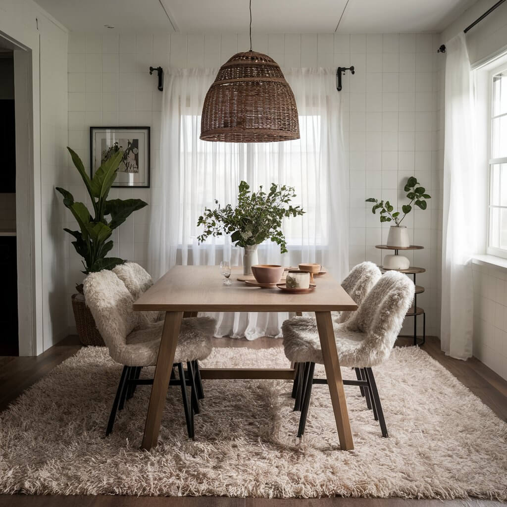 Textured Rugs: A cozy dining room with a fluffy or shaggy textured rug.