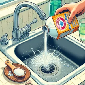 Image illustrating the pouring of baking soda and white vinegar into the sink drain.