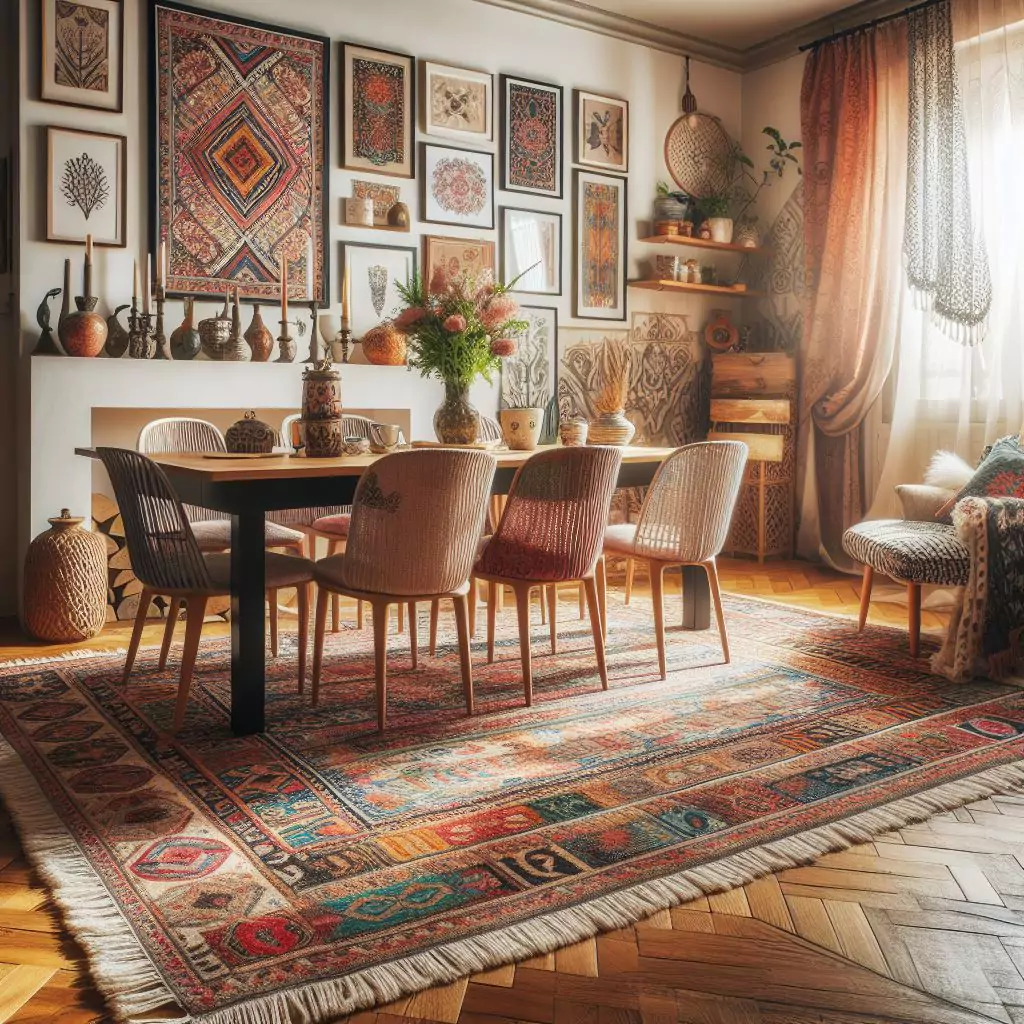 "Dining room featuring a bohemian rug, showcasing vibrant colors, eclectic patterns, and a lively atmosphere, creating a unique and inviting space."