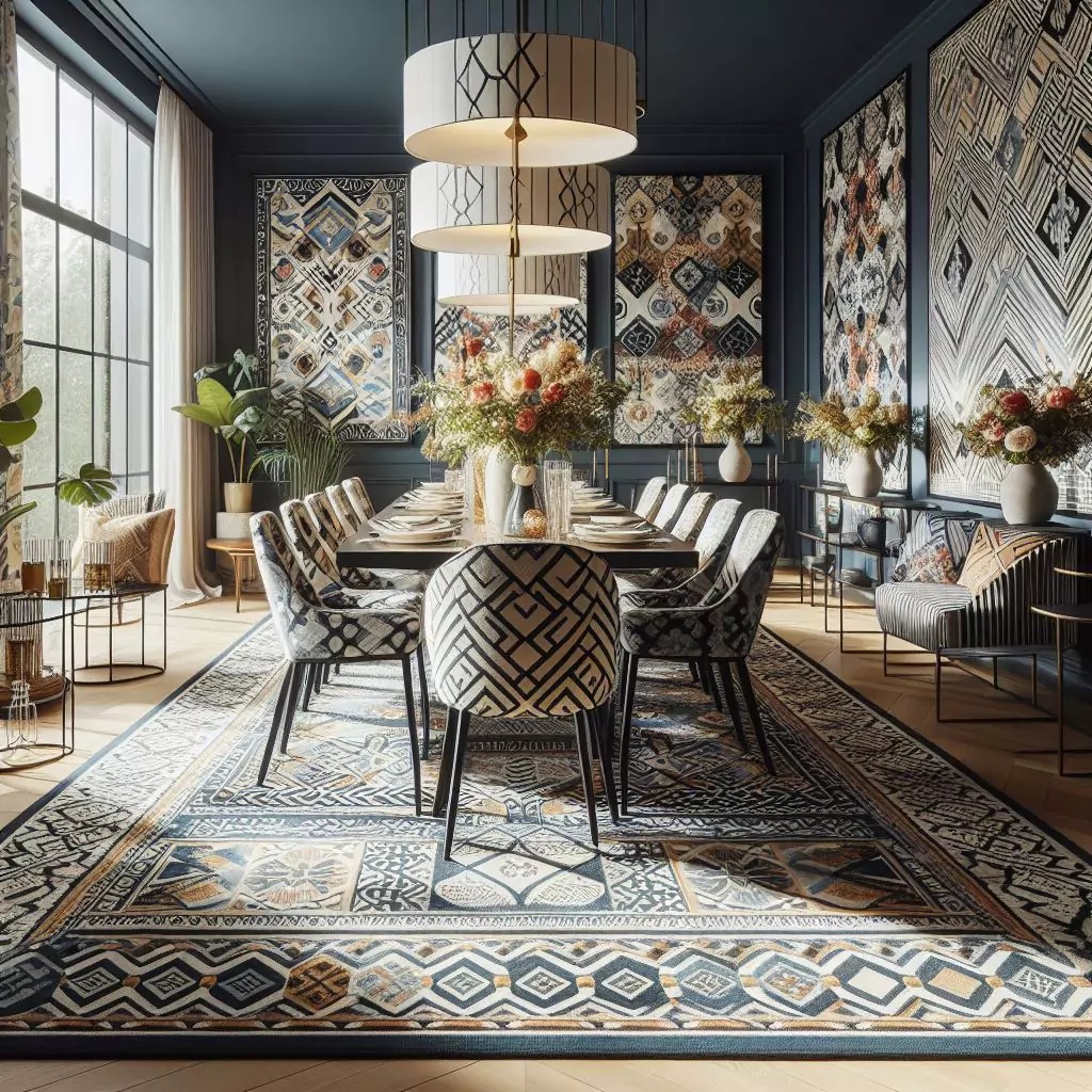 "Dining room with bold-patterned rugs, making a statement with visually striking geometric patterns, eye-catching florals, or graphic prints as a foundation for the decor."