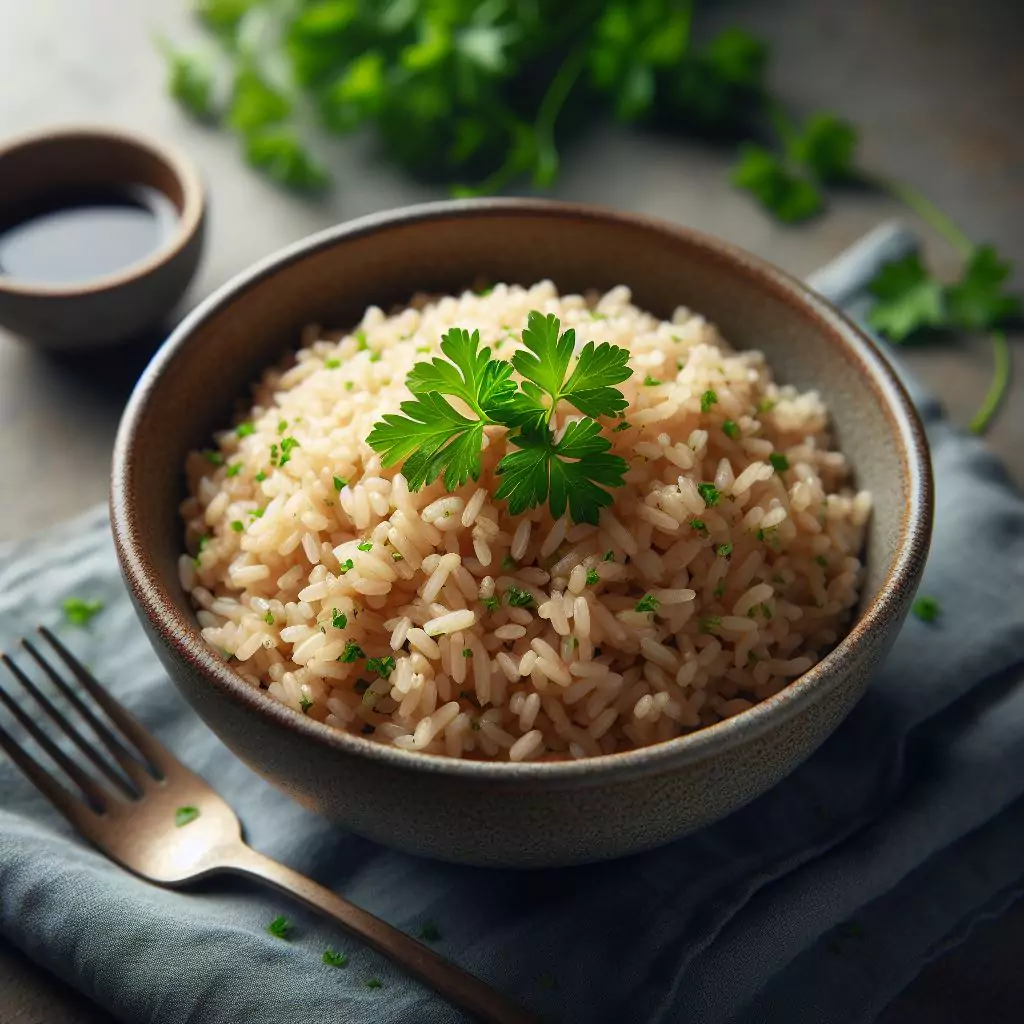An image of a bowl of brown rice with parsley on top