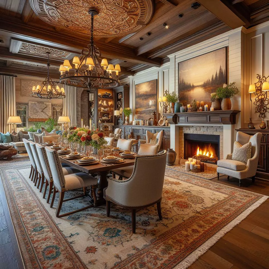 "Inviting dining room featuring high pile rugs for added comfort and a warm, cozy atmosphere."