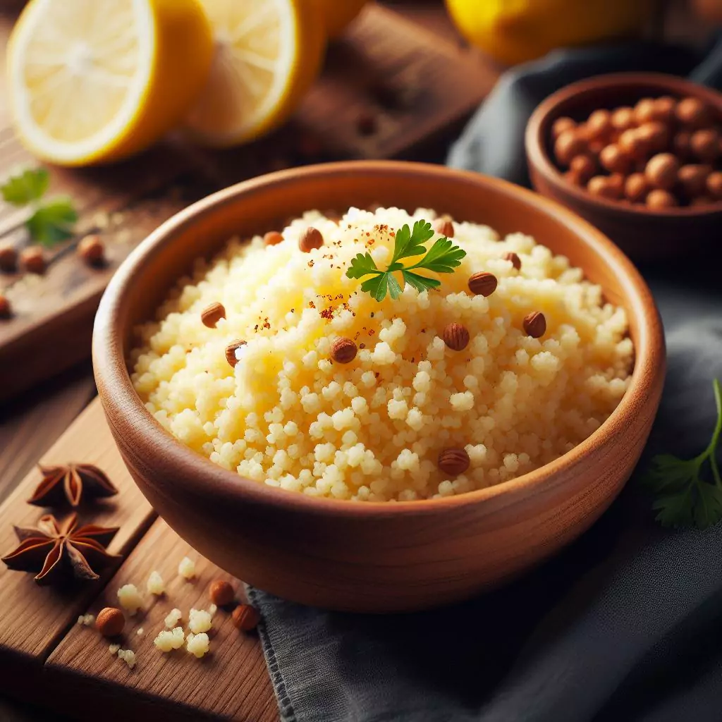 “A bowl of cooked Couscous placed on a wooden surface.