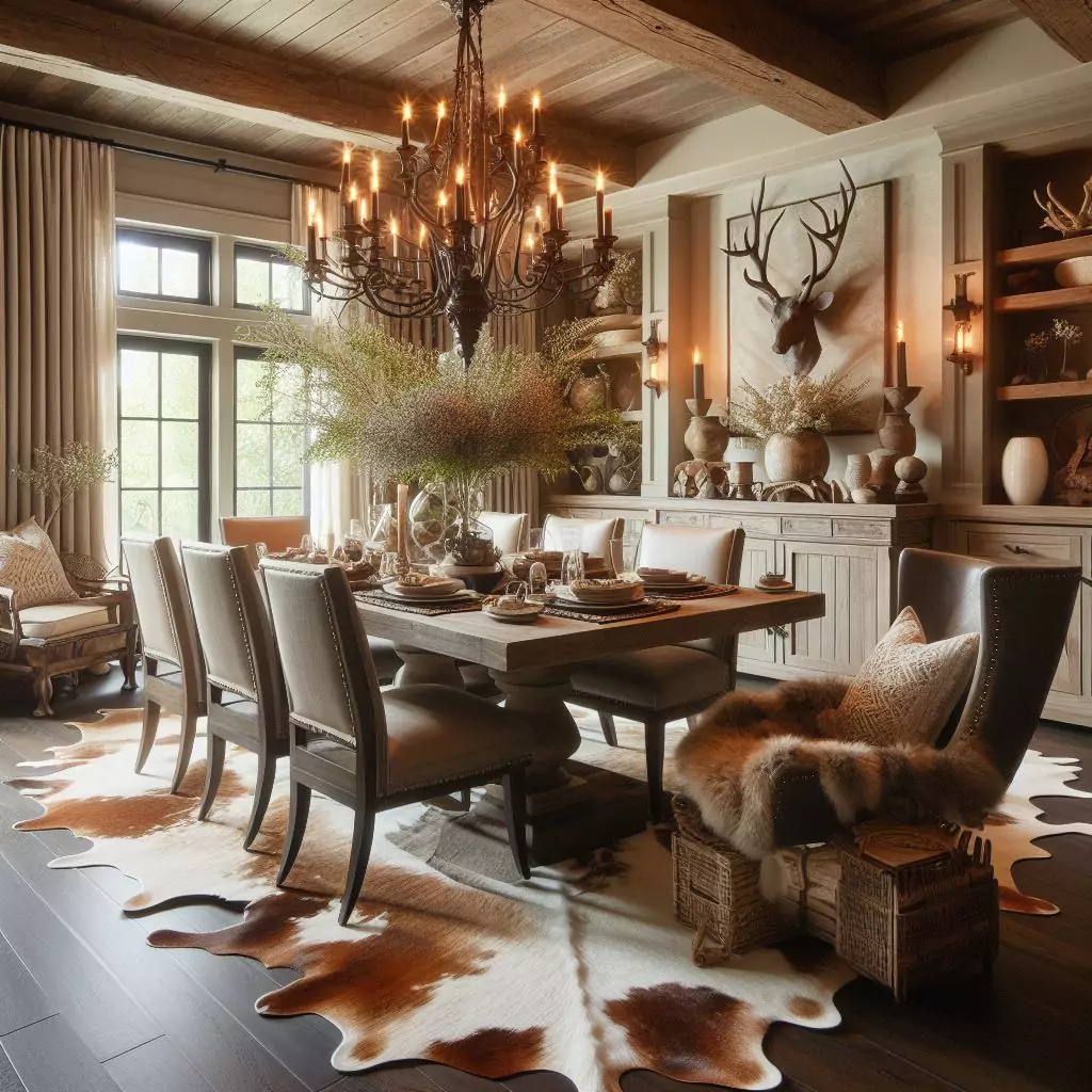 "Dining room featuring rustic chic decor with cowhide rugs, infusing a touch of the wild west and natural beauty."