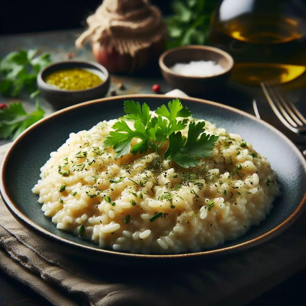A plate of creamy risotto garnished with herbs, served on a dark plate, with a backdrop of condiments and a rustic setting.