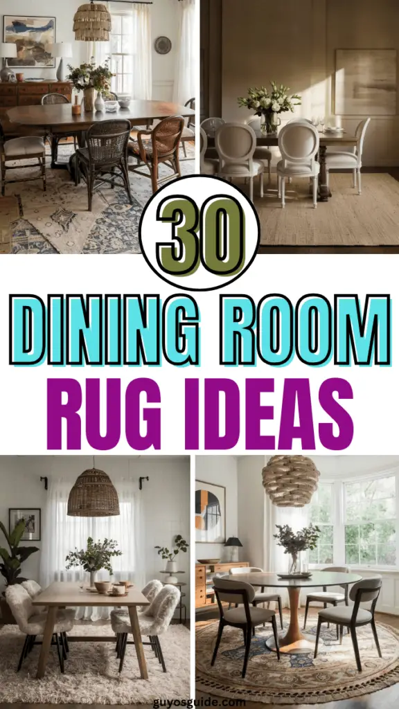 A collage of four different dining room settings showcasing a variety of rug ideas. The top two images display traditional dining areas with wooden furniture and natural light. The middle section features bold text ‘30 DINING ROOM RUG IDEAS’ against a purple background. The bottom images show modern dining spaces with varying styles of rugs, tables, and light fixtures, emphasizing the diversity in contemporary interior design.”