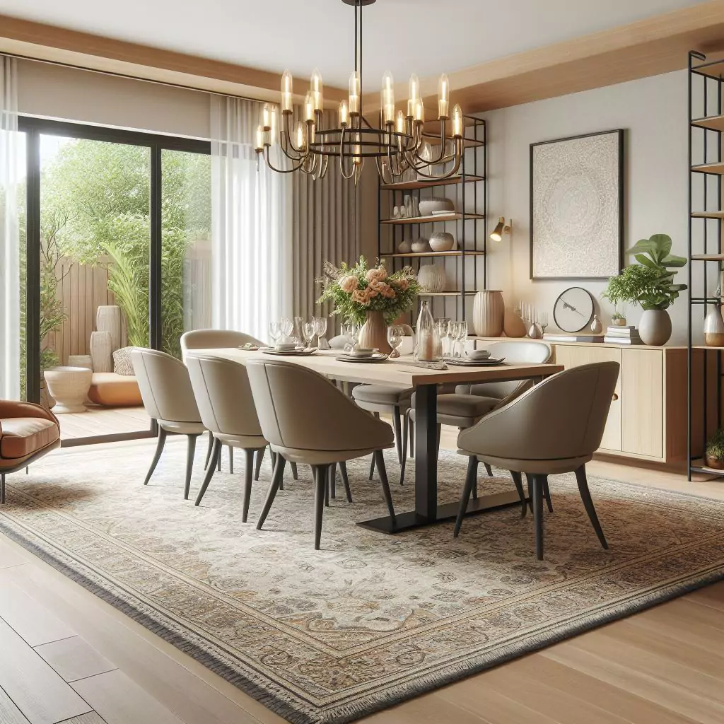 "Dining room showcasing low pile rugs, a practical and durable flooring solution ideal for high-traffic areas."