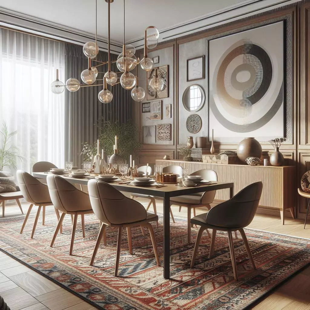 "Dining room featuring a mid-century modern rug, blending clean lines, bold colors, and geometric patterns for a retro-inspired and stylish atmosphere."