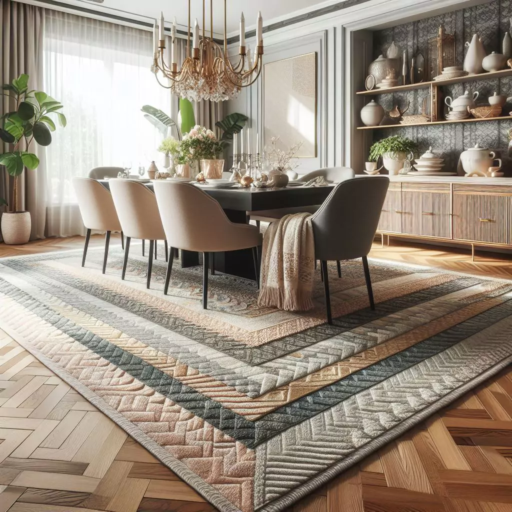 "Dining room with layered rugs, showcasing elegance through different textures, patterns, and colors, creating a cozy and inviting space for gatherings."