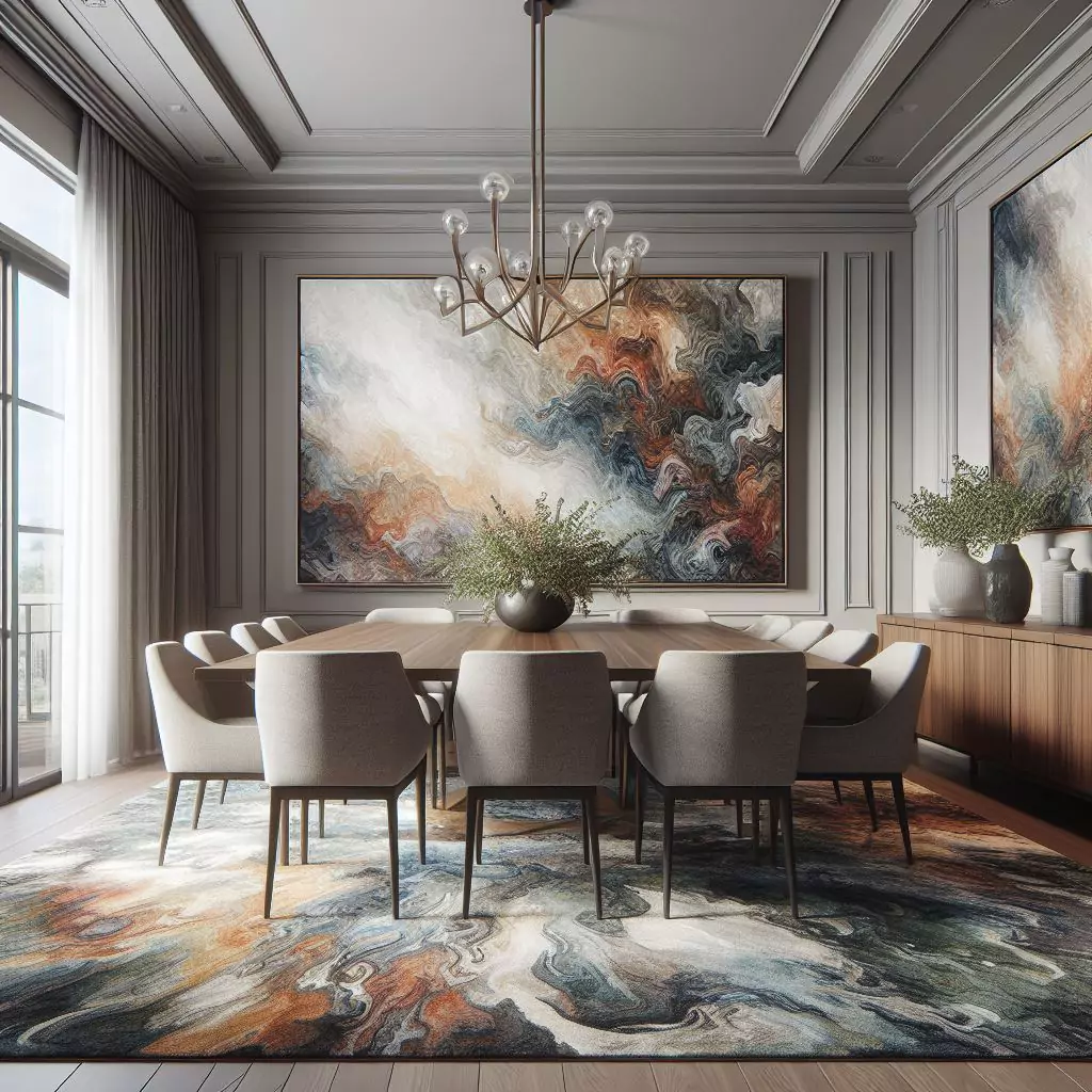"Dining room adorned with an abstract art rug, showcasing vibrant colors and unique patterns for a creative and artistic atmosphere."