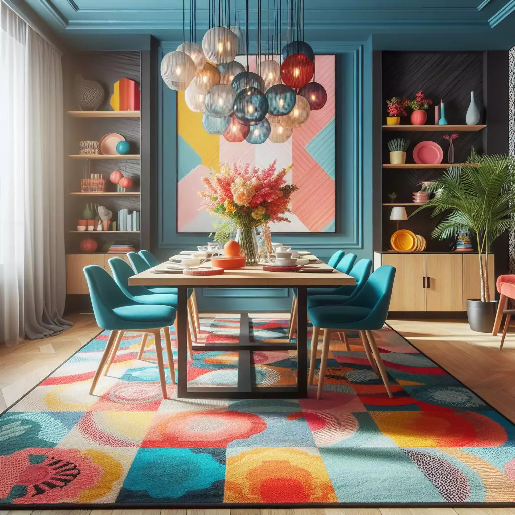  "Dining room featuring vibrant and bright-colored rugs, infusing the space with a bold and playful atmosphere."