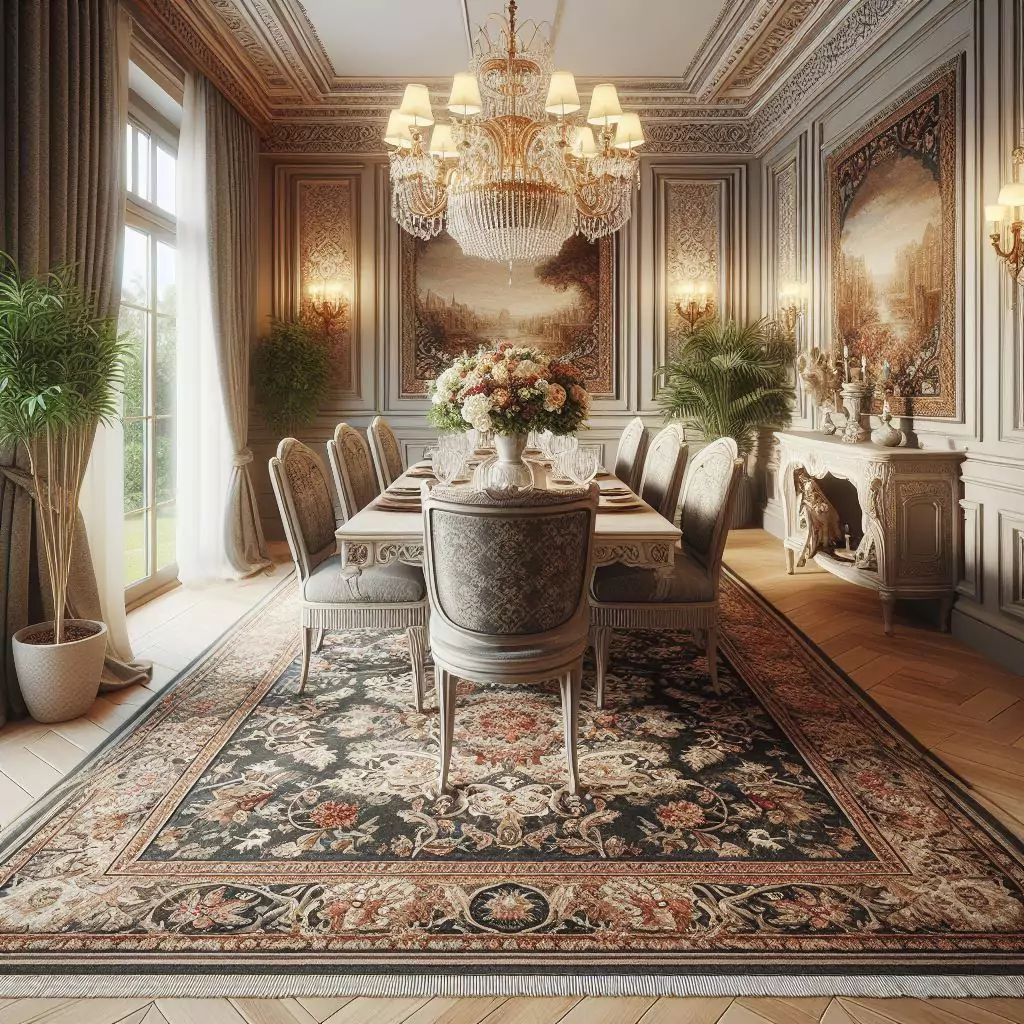 "Dining room featuring a traditional floral pattern rug, adding a touch of nature-inspired elegance to the space."