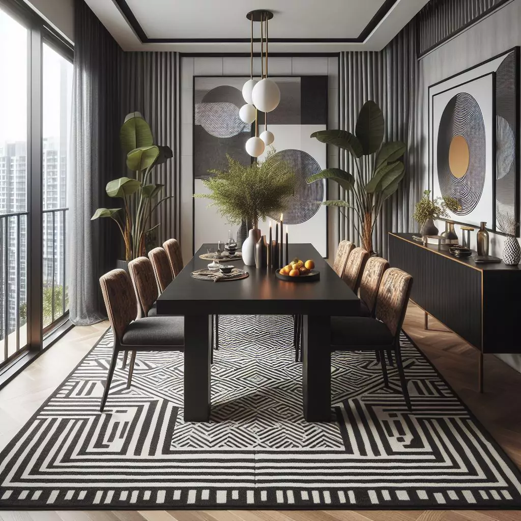 "Dining room featuring a bold graphic print rug, adding modern style and visual interest to the space."
