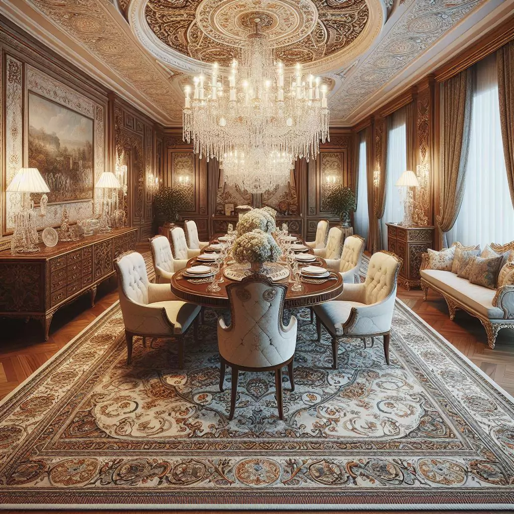 "Dining room featuring a hand-knotted rug, exuding traditional luxury with intricate designs and sophisticated elegance."
