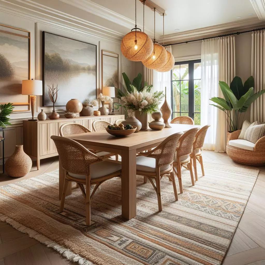 "Dining room featuring sustainable hemp or bamboo rugs, bringing natural beauty and eco-friendly style to the space."