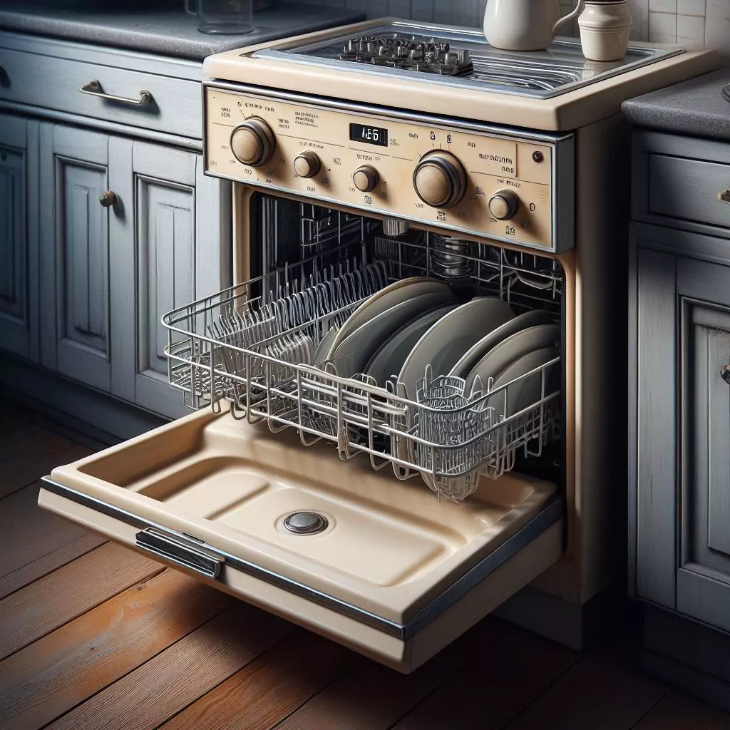 Photograph of an older dishwasher model with manual controls and a dated design. 